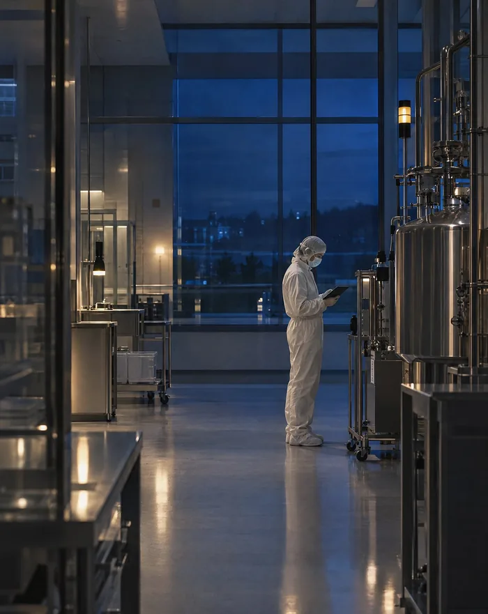 A cleanroom operator in a gown works alone at night in a pharmaceutical plant.