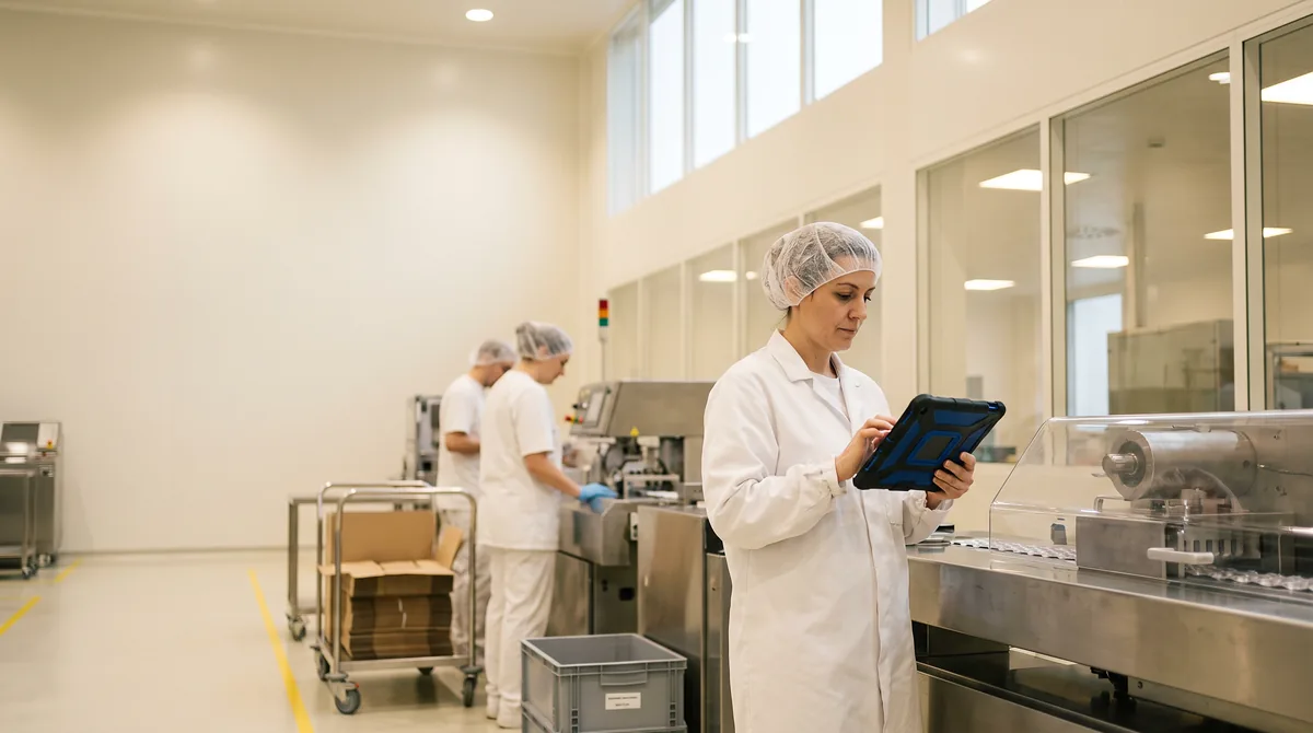 A QA specialist checks a tablet beside a blister packaging line in a bright pharmaceutical packaging hall.