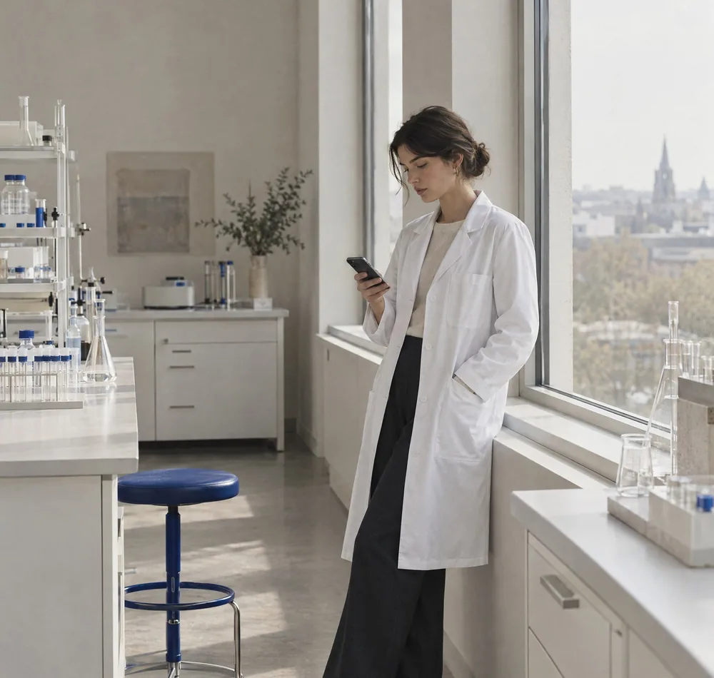 A lab analyst in a white coat reads a message on her phone by a laboratory window.