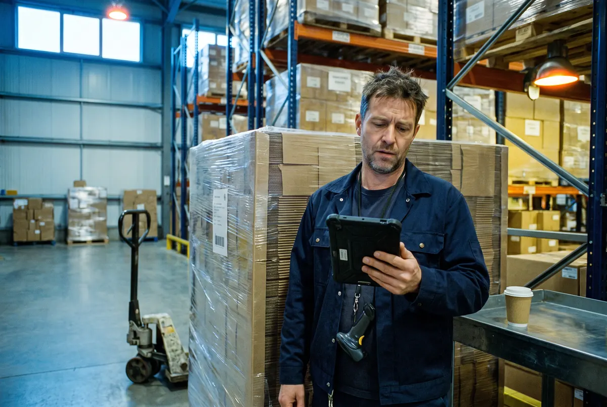 A night-shift warehouse lead checks his tablet next to a shrink-wrapped pallet of printed cartons.