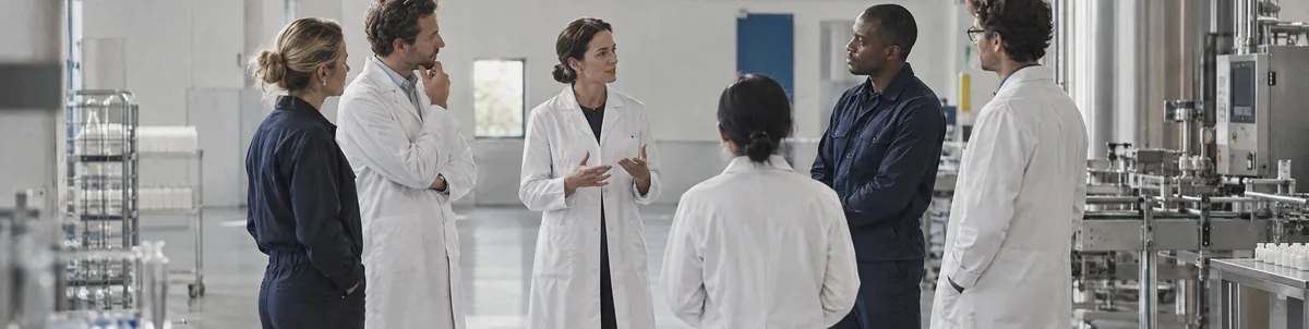 A team of QA, lab and production staff in white coats talking in a laboratory.