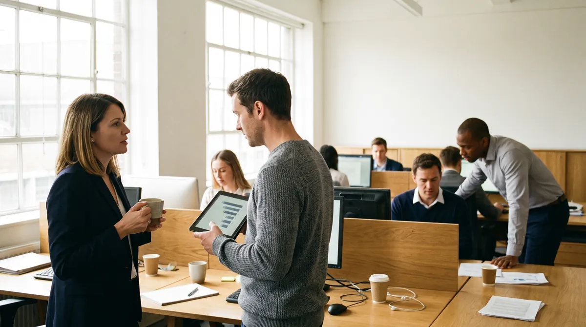 A senior lead and a team lead go through the week's adoption figures on the office floor