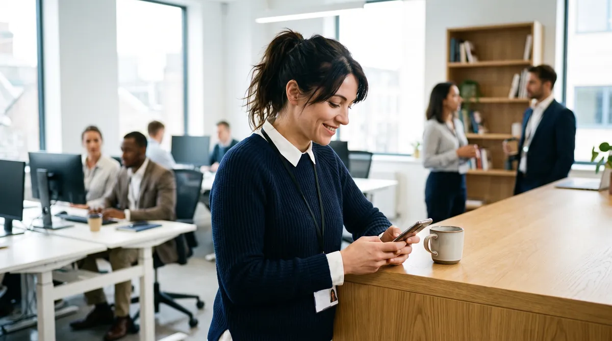 An employee answers a few questions on her phone during a coffee break at the office